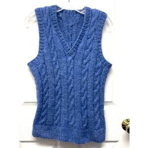 Hand Knit Blue Cable Wool Sweater Vest V Neck Pullover Cottagecore Women’s S